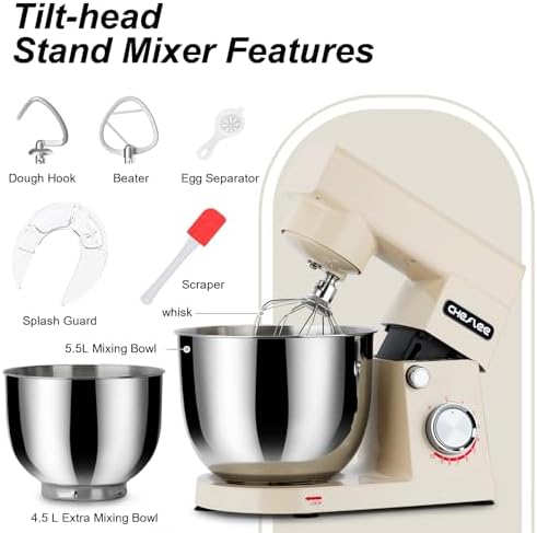 Robot Patissier CHeflee,1500 W Robot Patissier,avec Bol en Acier Inoxydable de 4,5 et 5,5 L,10 P Vitesse,avec Crochet Mélangeur,Crochet Pétrisseur,Fouet et Protection Anti Eclaboussures (Noir） : Cuisine et Maison