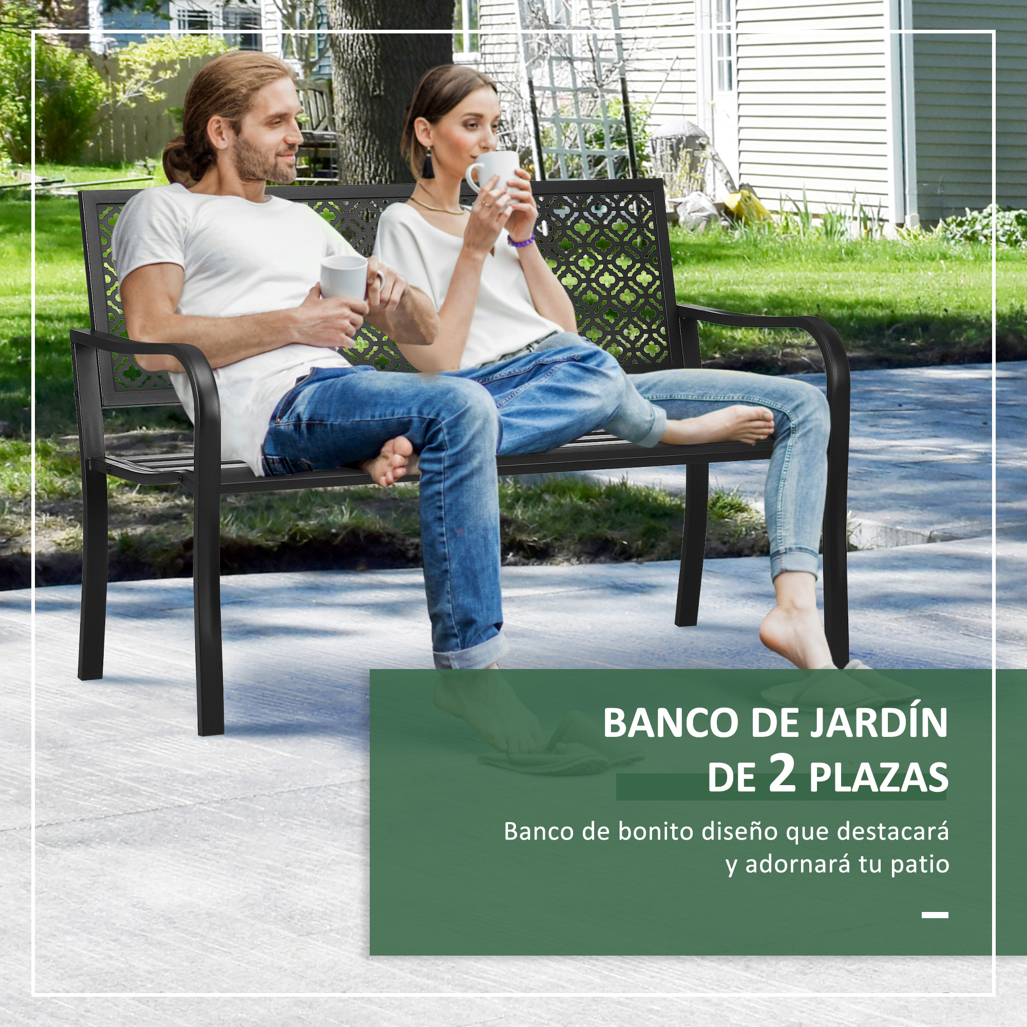 Banco de jardim Outsunny em aço, banco externo de 2 lugares com encosto decorativo estampado para terraço, varanda e pátio, capacidade de carga de 240 kg, 127 x 63 x 83 cm, preto