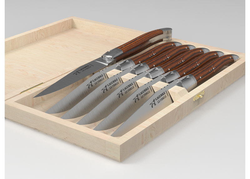 Service de 6 couteaux Laguiole avec un manche en bois de bocote et mitres en acier inoxydable