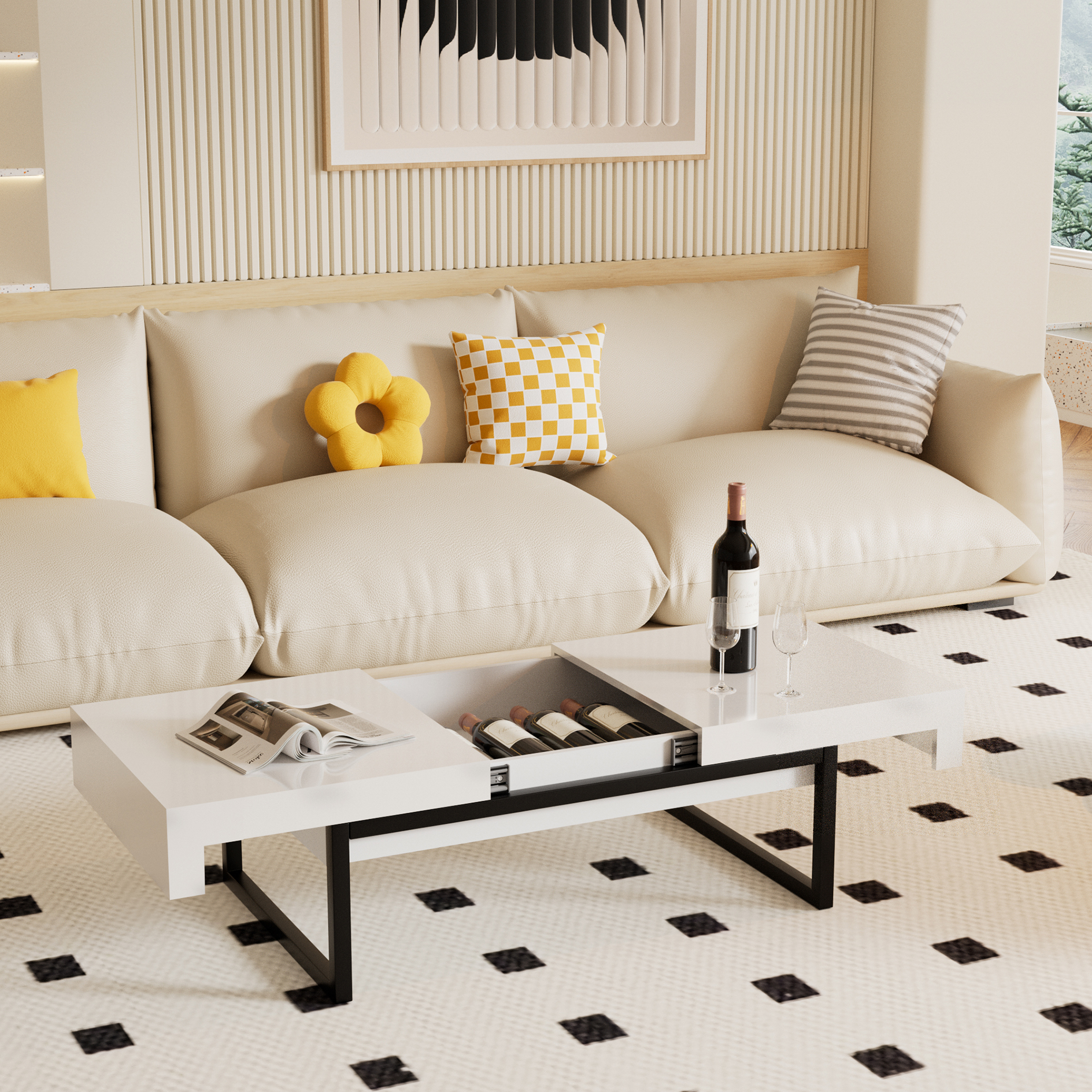 Couchtisch - weiß Hochglanz - schwarz - Soft-Close