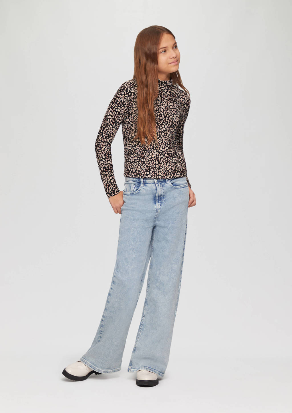 s.Oliver gebloemde longsleeve zwart/lichtroze/donkerroze