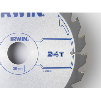 Irwin cirkelzaagblad Ø184 mm. Inclusief reduceerringen waardoor geschikt voor asgat 16, 20 en 30 mm, vertanding 24T