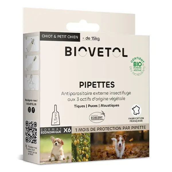 Biovetol - Antiparasitário - Pipetas orgânicas para filhotes/cães de pequeno porte - 1,5ml (x6)