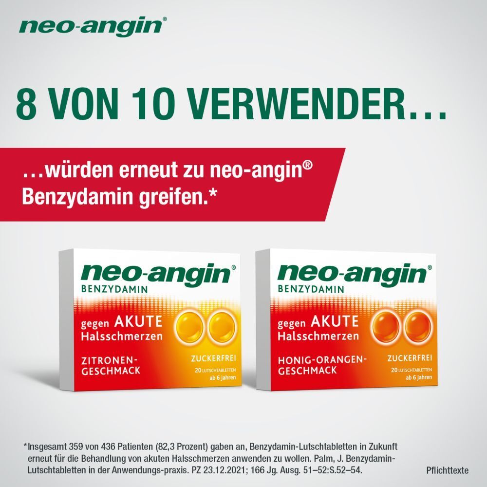 neo-angin Benzydamin gegen akute Halsschmerzen - Honig-Orangengeschmack - zuckerfrei