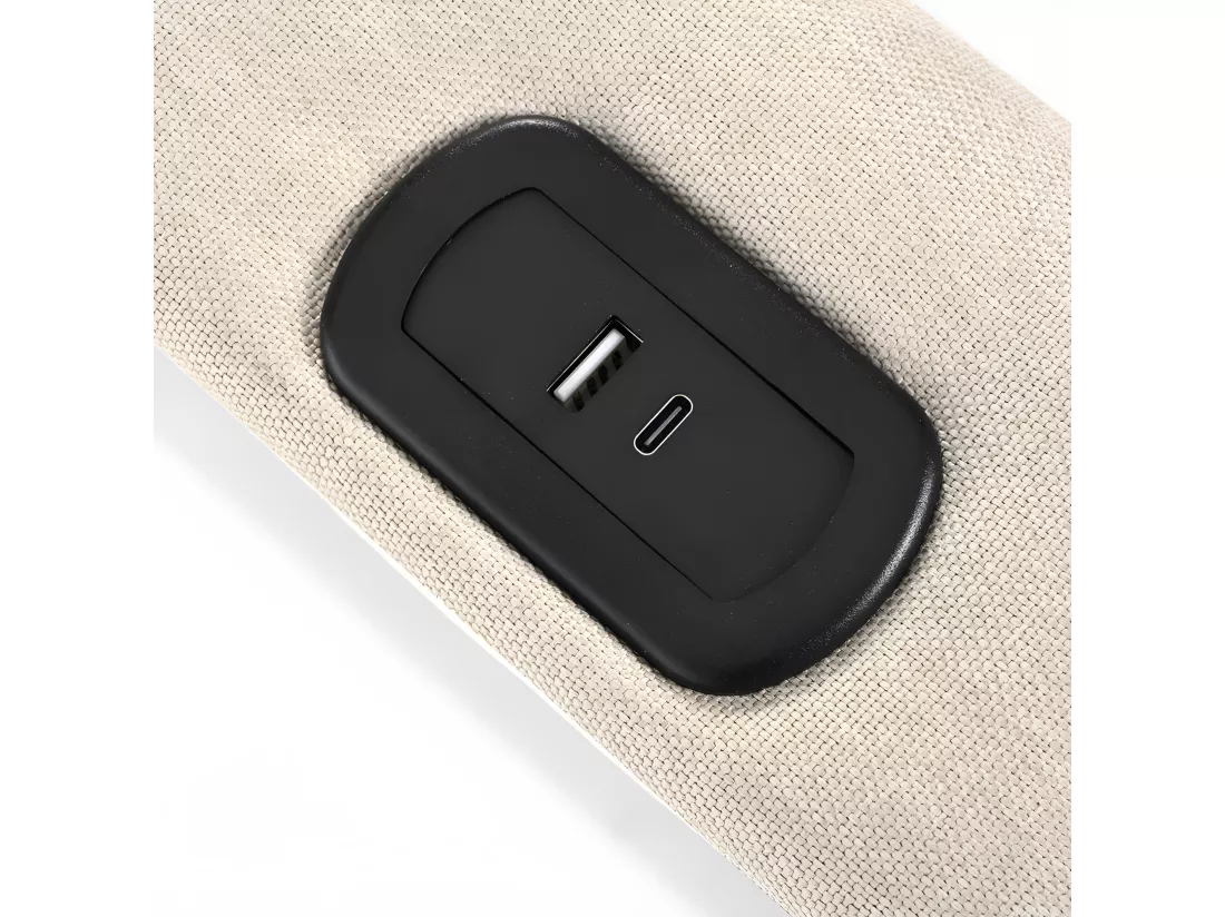 Lit coffre rembourré 140x200cm avec LED et Port de charge USB et Type-C - Tissu en Lin - sommier à lattes - Beige