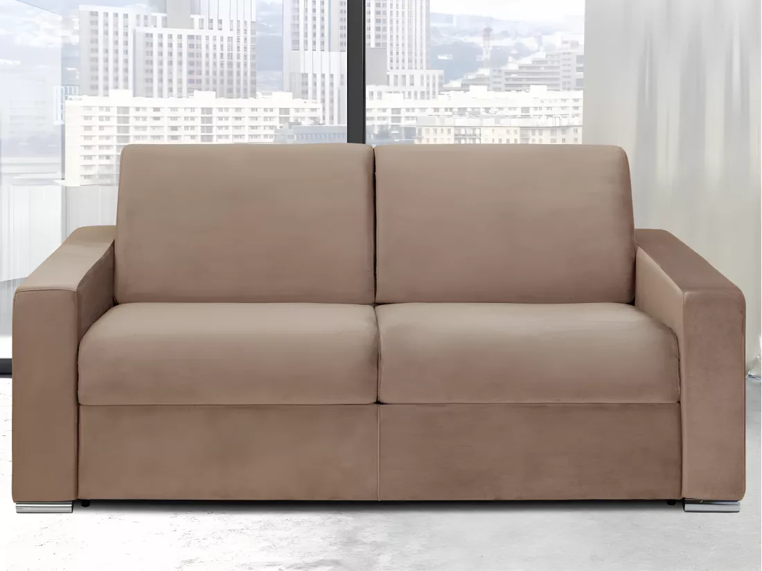 Canapé 2 places convertible express en velours beige - Couchage lattes larges 120 cm - Matelas 14 cm avec mémoire de forme CALITO