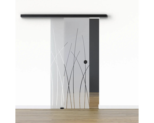 Pertura glazen schuifdeur complete set Glera Reeds 02 900x2050 mm links incl. beslag Selir aluminium zwart, verzonken handgreep