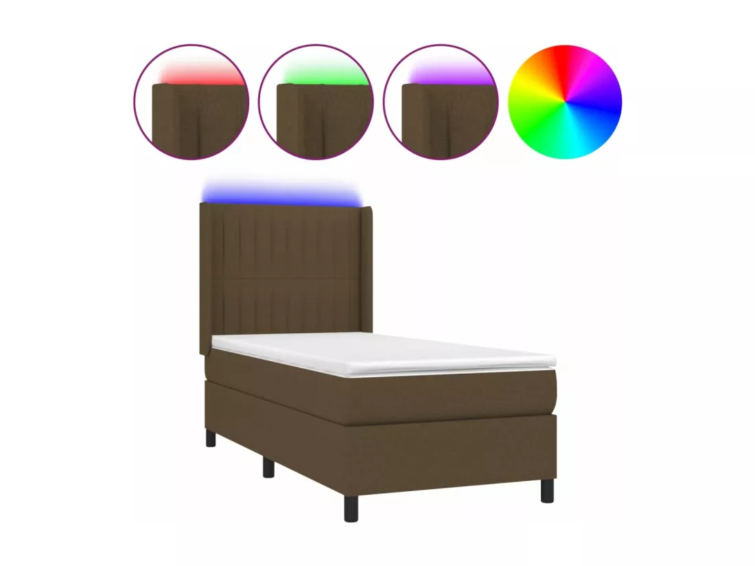 Sommier tapissier et matelas et LED Marron foncé 90x190cm Tissu