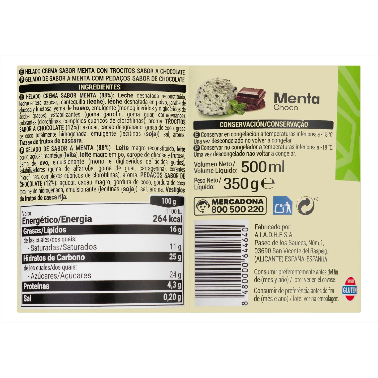 Glace au chocolat à la menthe et pépites de chocolat Hacendado