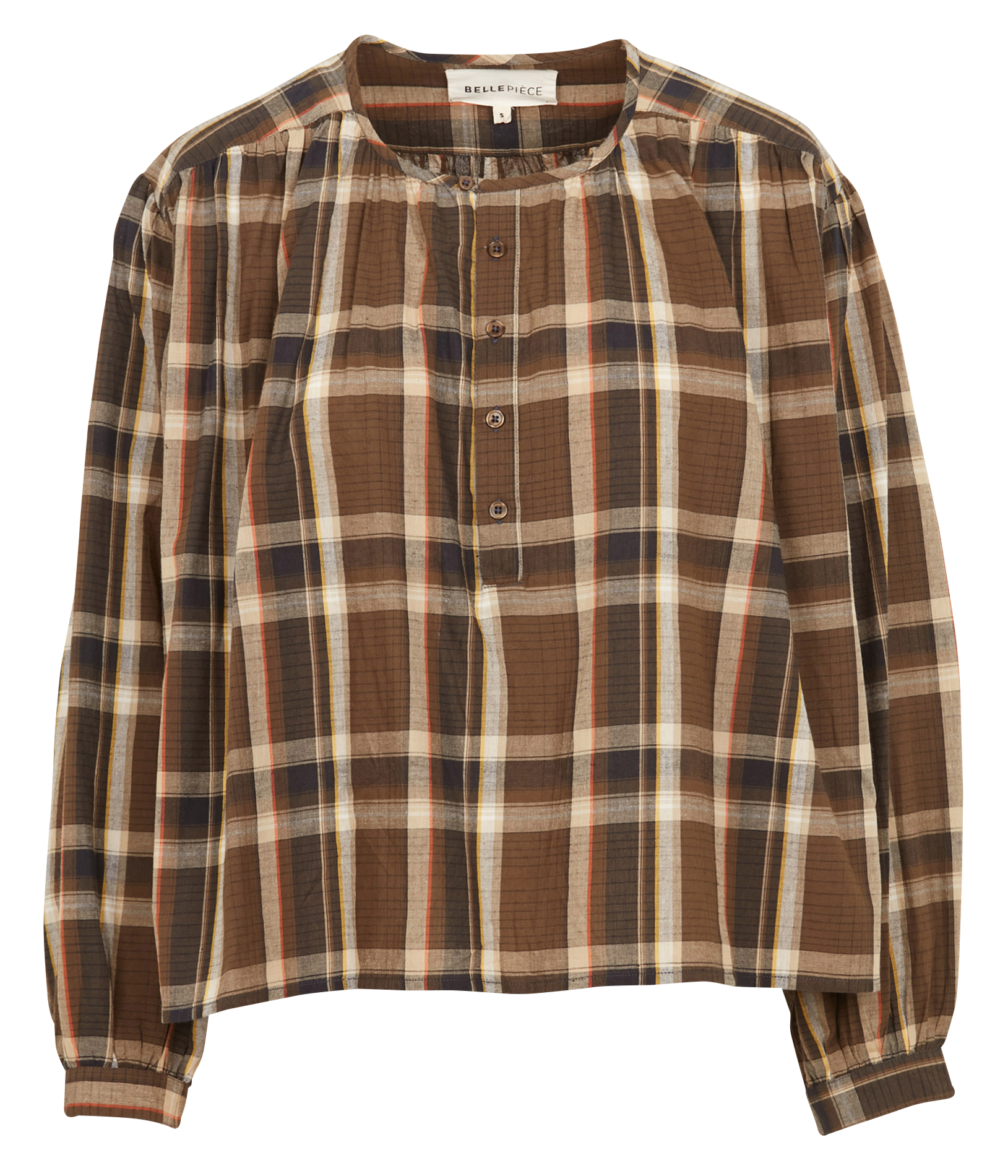 ELINA - Blouse évasée col rond en coton imprimé | Marron