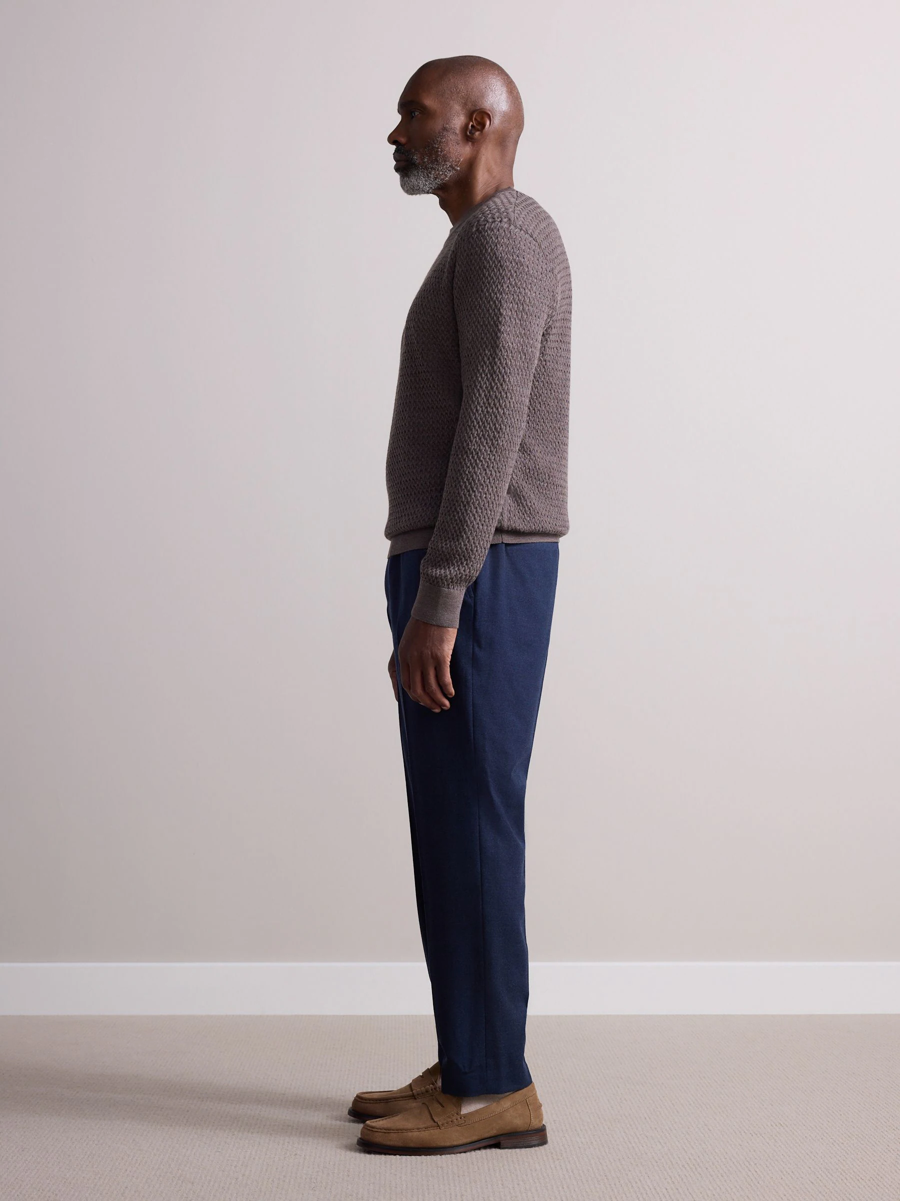 Marineblauw - Elasticated Waist Wool Rich Textured Formal Trousers