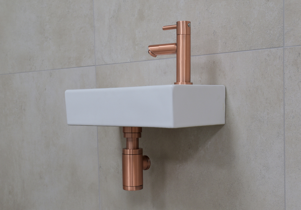 Mueller Mini Rhea 36x18x9cm fonteinset mat wit met koperen kraan rechts