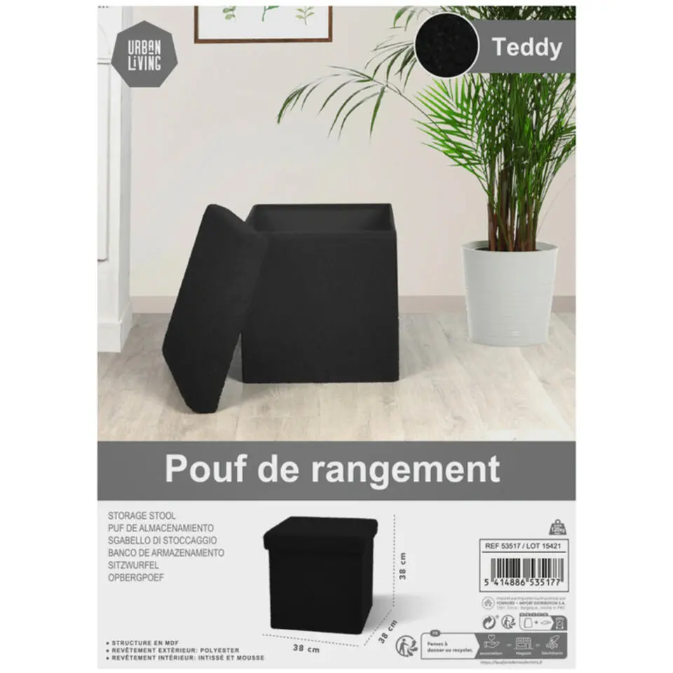 Urban Living poef/hocker/opbergbox - zwart - mdf - 38 x 38 cm
