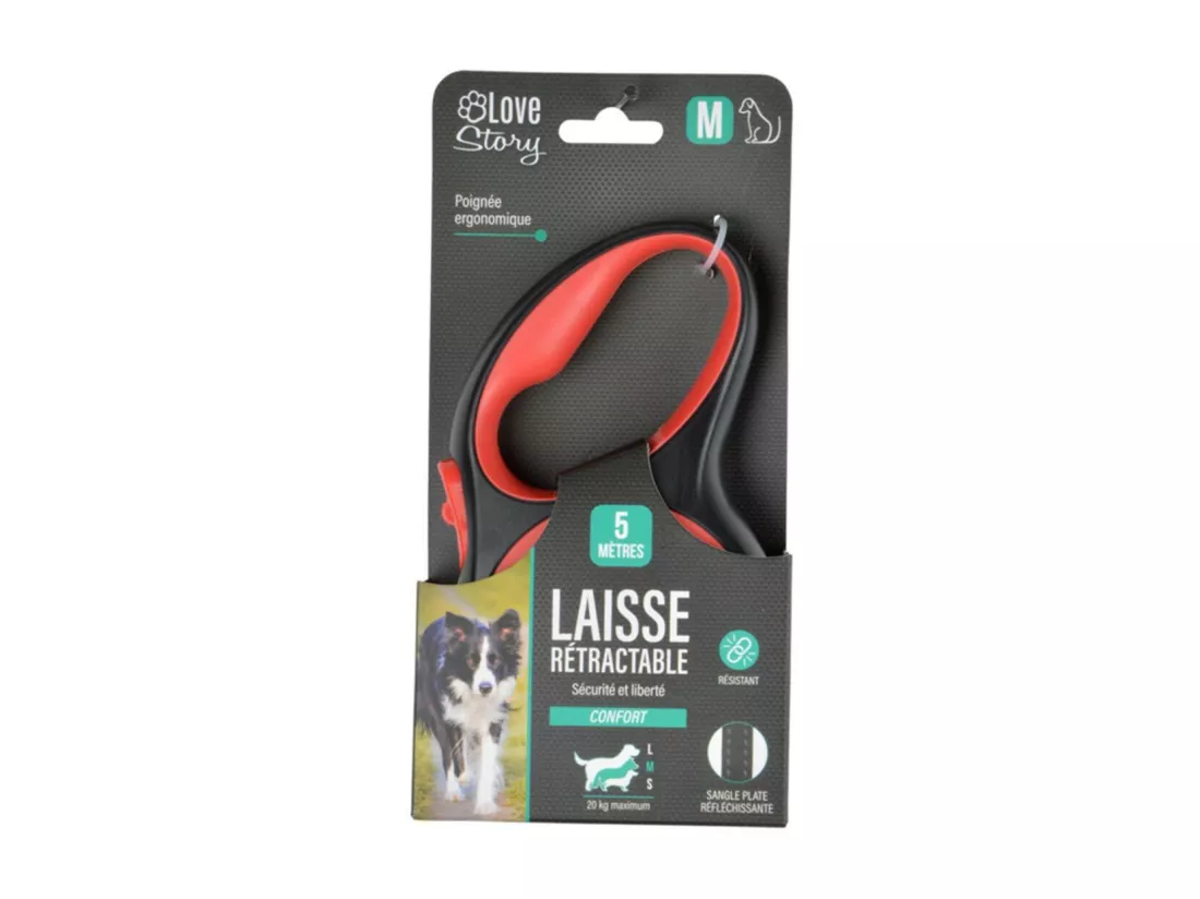 Laisse rétractable avec sangle réfléchissante - Rouge et Noir - Taille M - 5 mètres