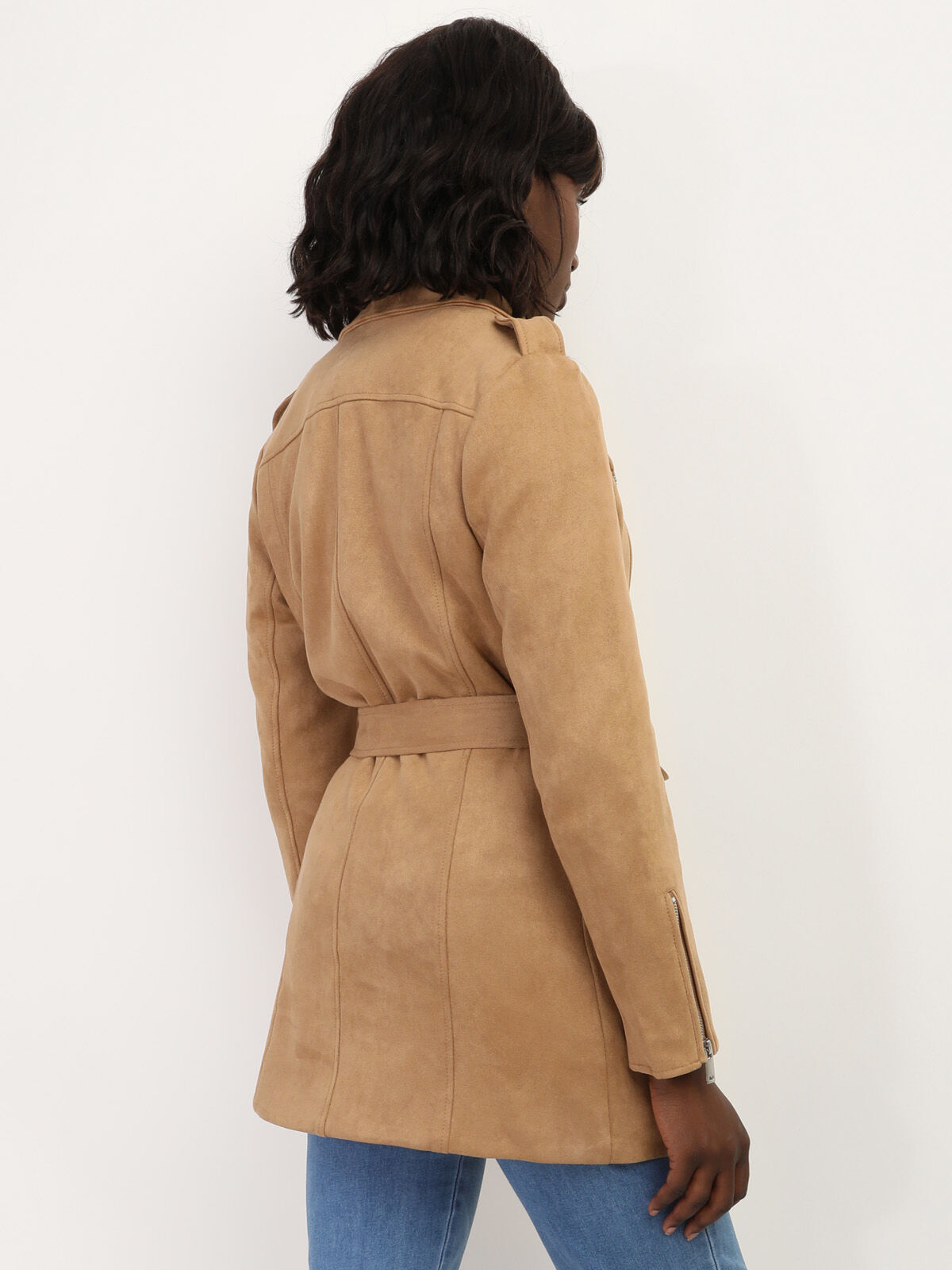 Veste mi-longue style biker en suédine- Marron clair