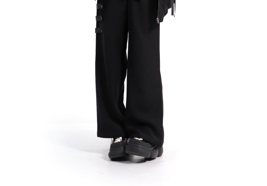 Florimi - Hoge taille gestreepte haak-en-oog mini A-lijn rok / Overhemd met lange mouwen en knoopsluiting / Naambadge accent, gesp en ritshoodie / Effen wijde broek / Stropdas / Set