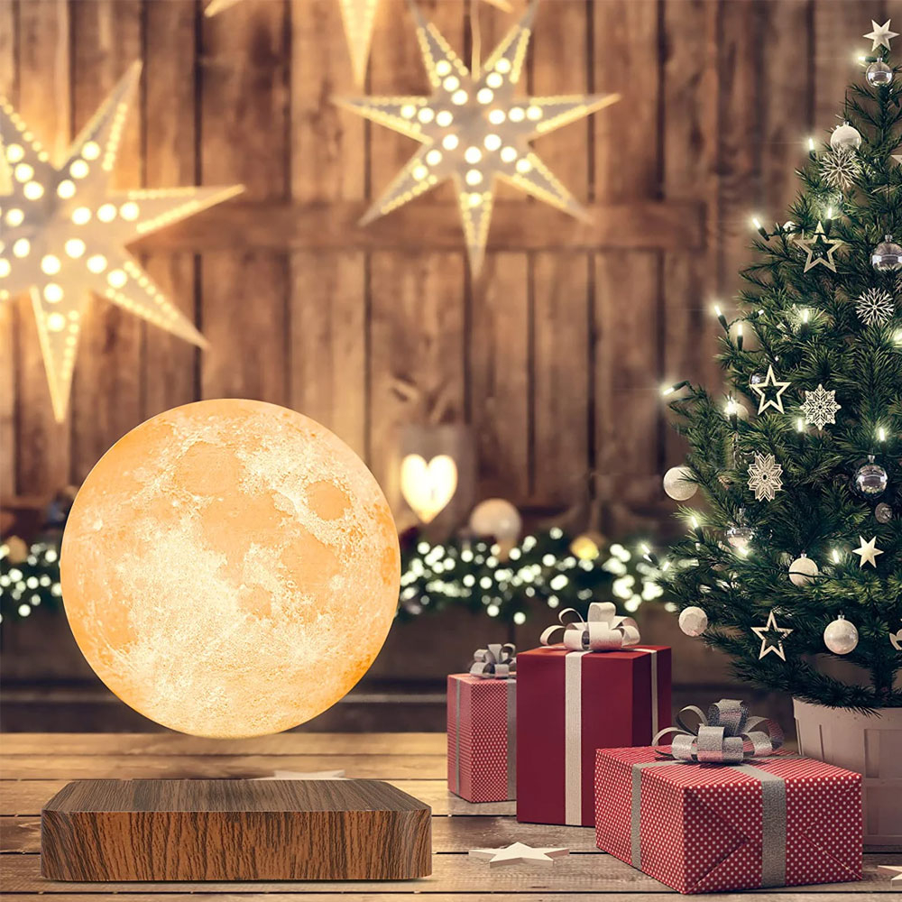 (Ø15cm) Schwebende 3D LED Mond Lampe Nachtlicht Deko Beleuchtung mit Holzsockel - Hellbraun