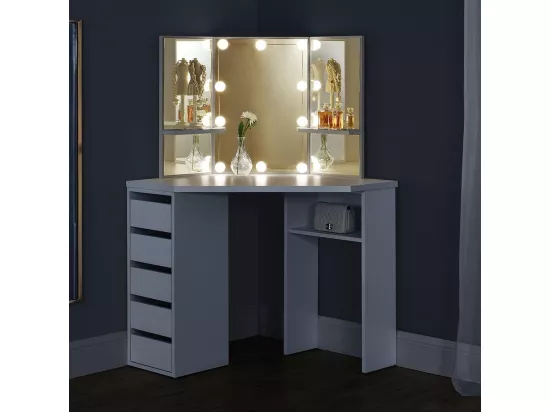 Coiffeuse d'angle blanche avec led et tabouret 110 x 141,5 x 54 cm (HxlxP)