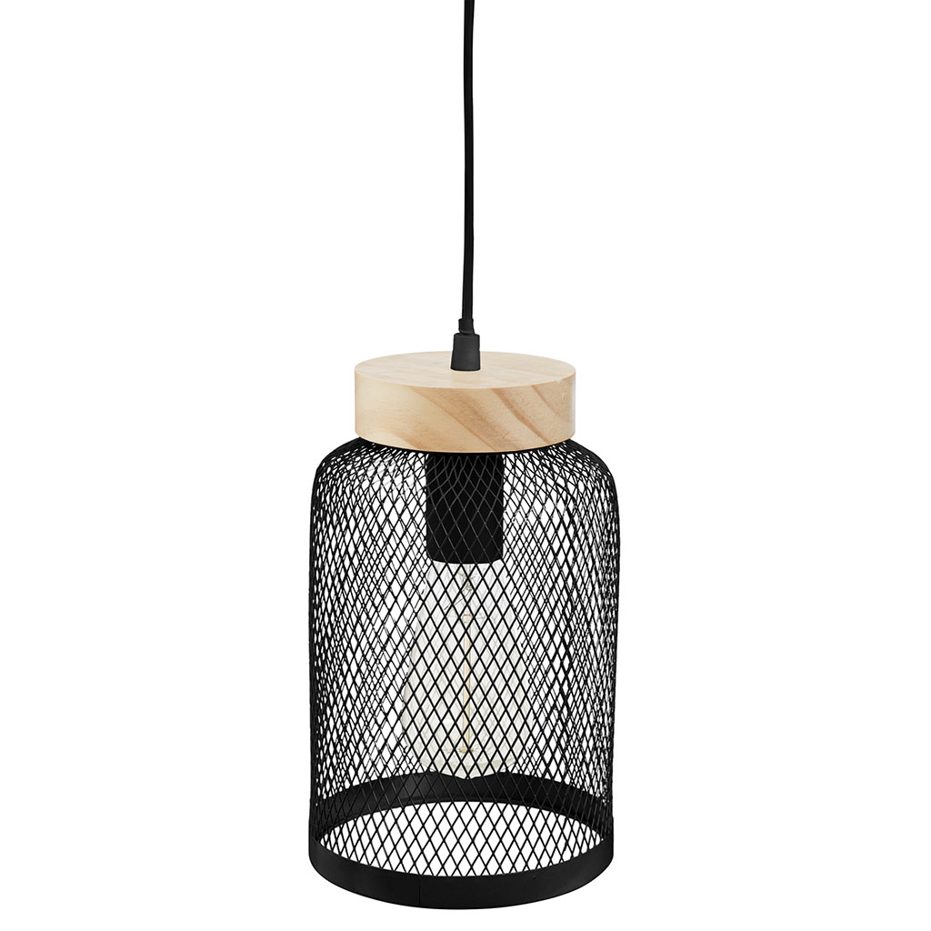 Suspension grillagée ZELY bois métal noire H 24.5cm