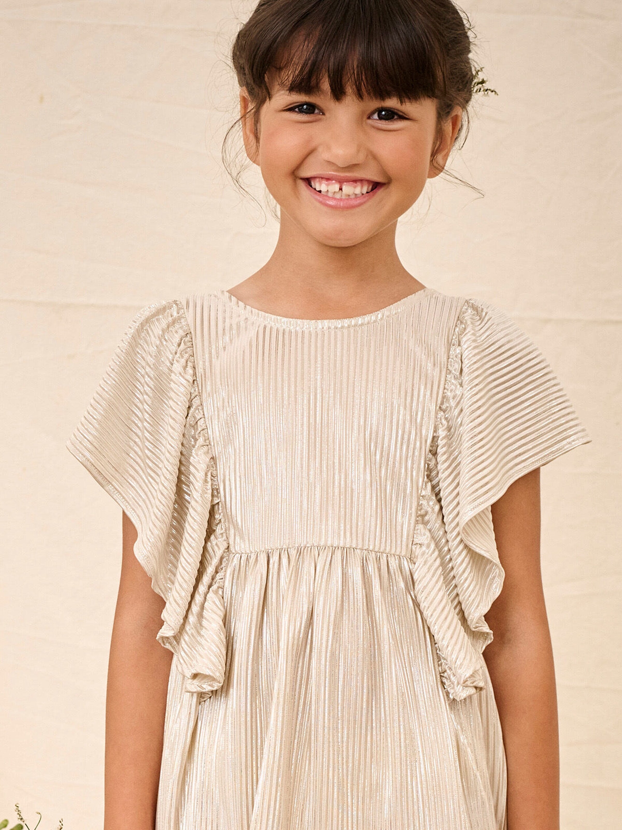 Vertbaudet Mädchen Festkleid mit Schmetterlingsärmeln aus Lamé gold