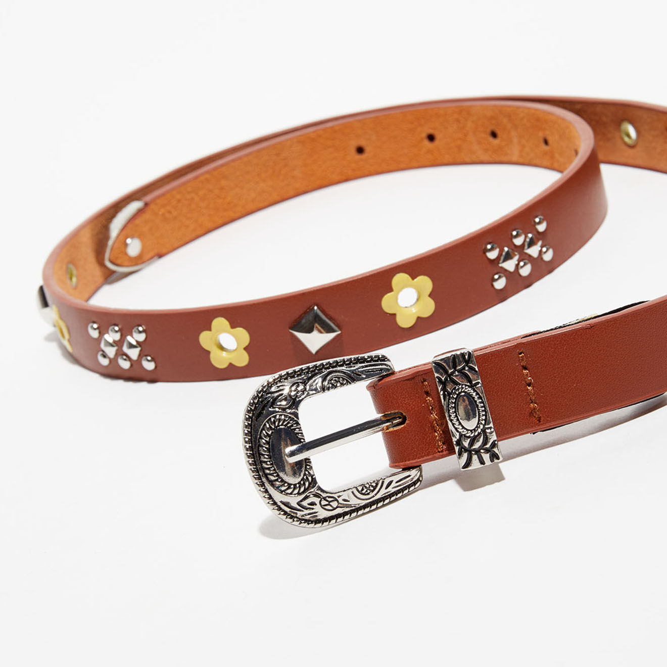 Wild Ceinture fine en Cuir à clous marron