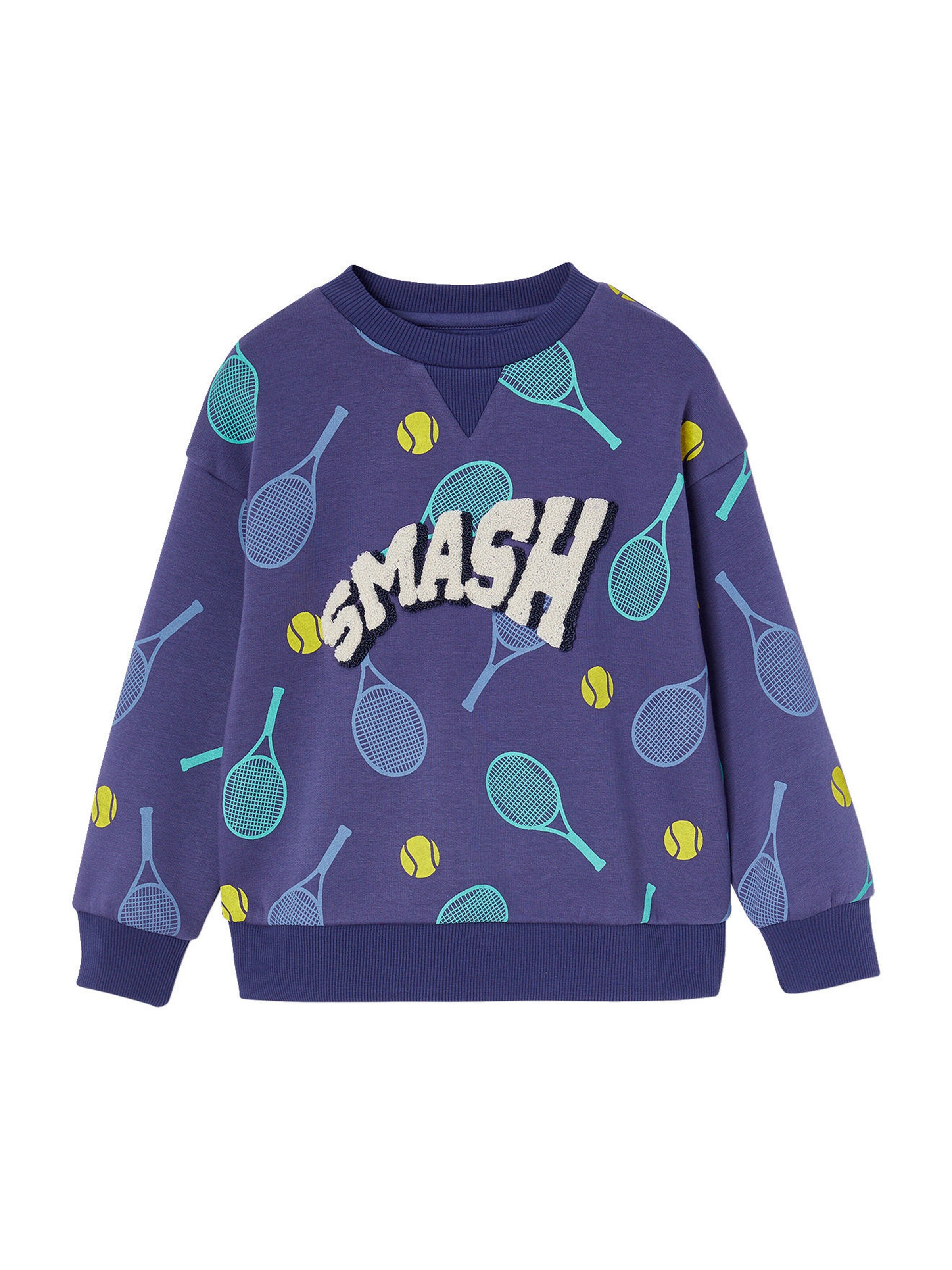 Vertbaudet Jungen Sport-Sweatshirt mit Tennis-Print und Recycling-Polyester blau gestreift