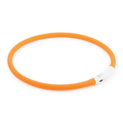 Coleira de segurança com halo para visão noturna, recarregável via USB, na cor laranja.