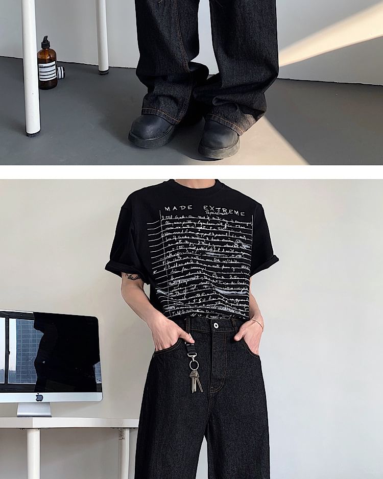Omozando - Mid Rise Lettering Geborduurde Wijde Jeans