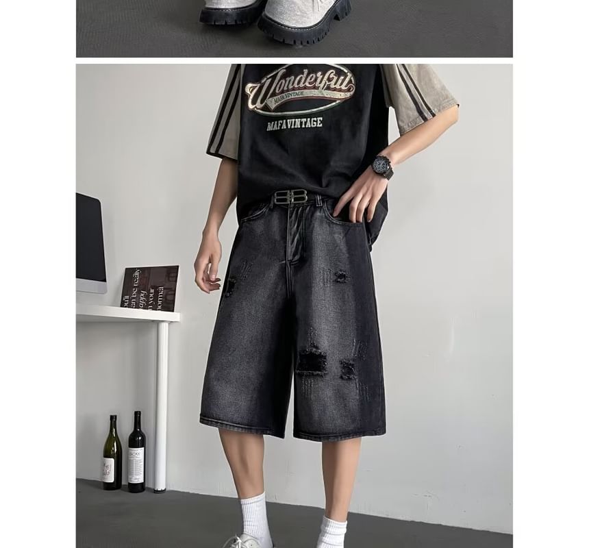 Diphon - Mid Rise Washed Distressed Denim Shorts