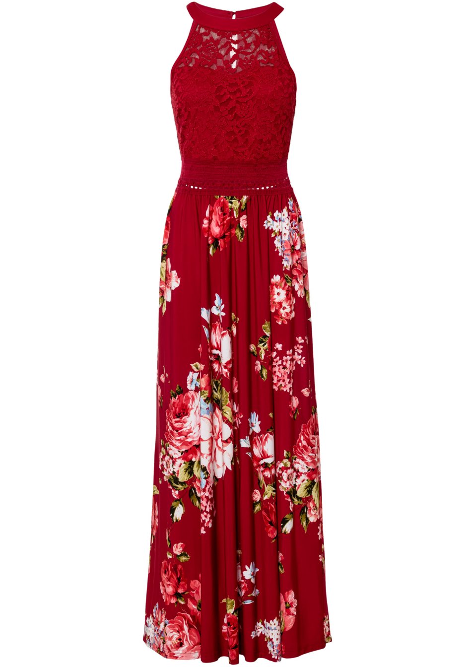 Robe longue estivale avec imprimé floral et empiècement dentelle