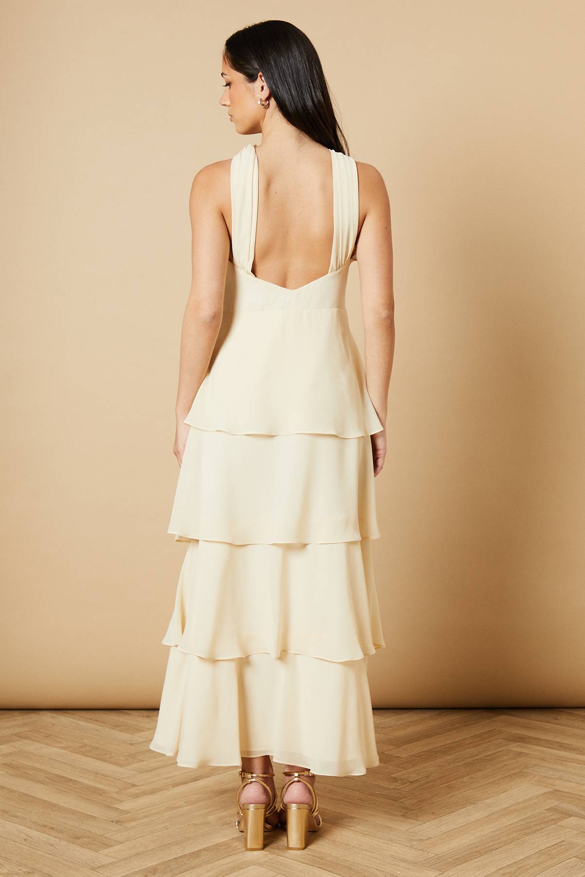 Oasis Robe Longue à Col Halter en Mousseline à Volants