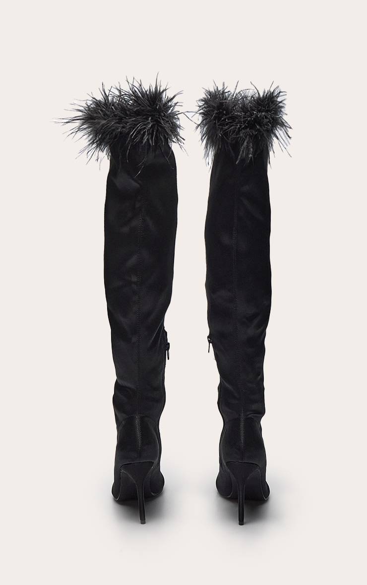 Noir Botte Haute À Talon En Satin Avec Bordure De Plumes