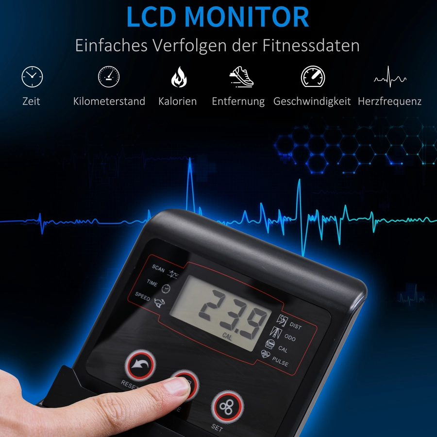 HOMCOM Heimtrainer 8 Widerstandsstufen, mit LCD Display, höhenverstellbar Schwarz