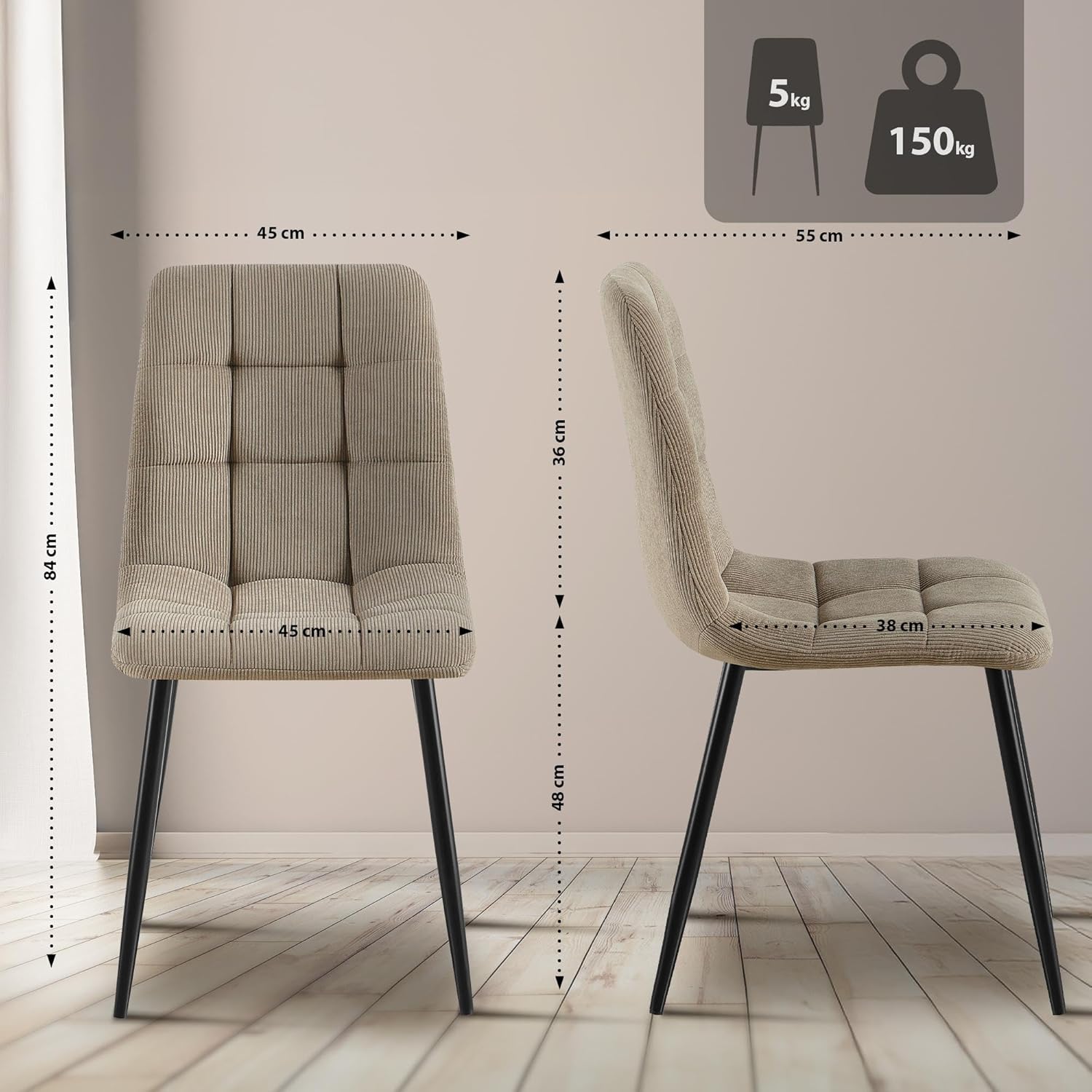 CLP 2er Set Esszimmerstuhl Tilde, Küchenstühle gepolstert mit gestepptem Bezug, Polsterstühle mit Metallgestell, bis 150 kg belastbar, Farbe:Taupe, Material:Cord