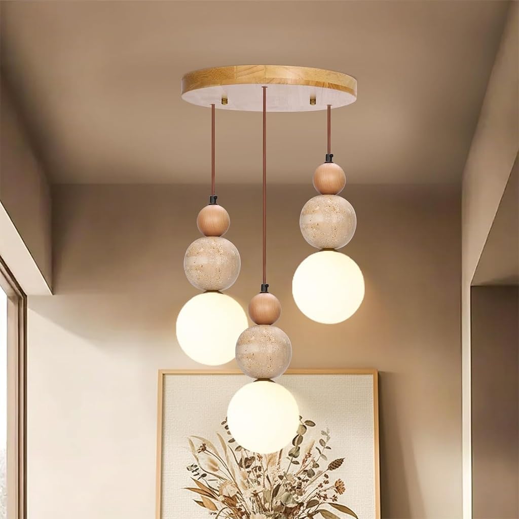 Wabi Sabi 3-Licht Pendelleuchte Travertin Stein Einbau Japandi Japanischer Nordischer Stil Sphärische Holz Kronleuchter Für Kücheninseln Esszimmer Wohnzimmer(A)