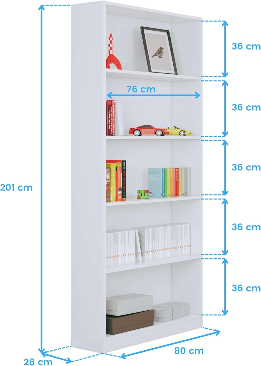 Habitdesign, Bücherregal – hohes Regal mit 5 offenen Regalböden in Artik weiß, ideal für Büro, Wohnzimmer oder Arbeitszimmer, Maße: 80 x 201 x 28 cm (B x H x T), Modell Estil