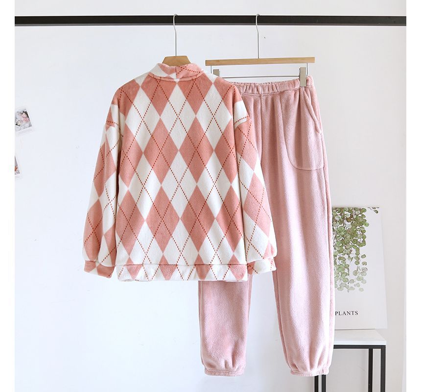 molpes - Koppel bijpassende pyjamaset: lange mouwen V-hals Argyle flanellen top met knopen + broek (verschillende ontwerpen)