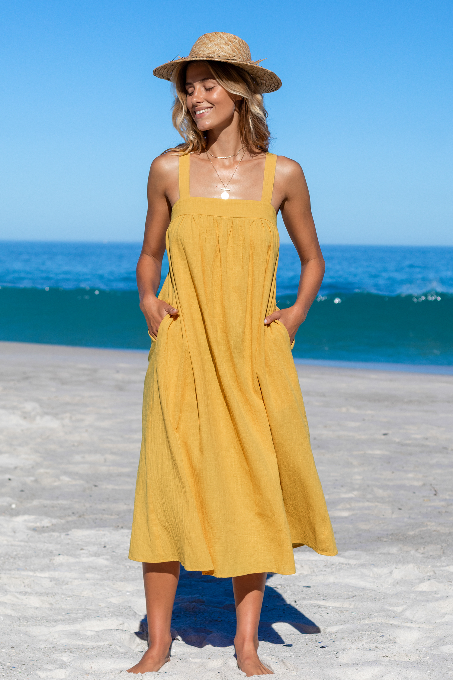 Robe maxi en pur coton sans manches à col carré