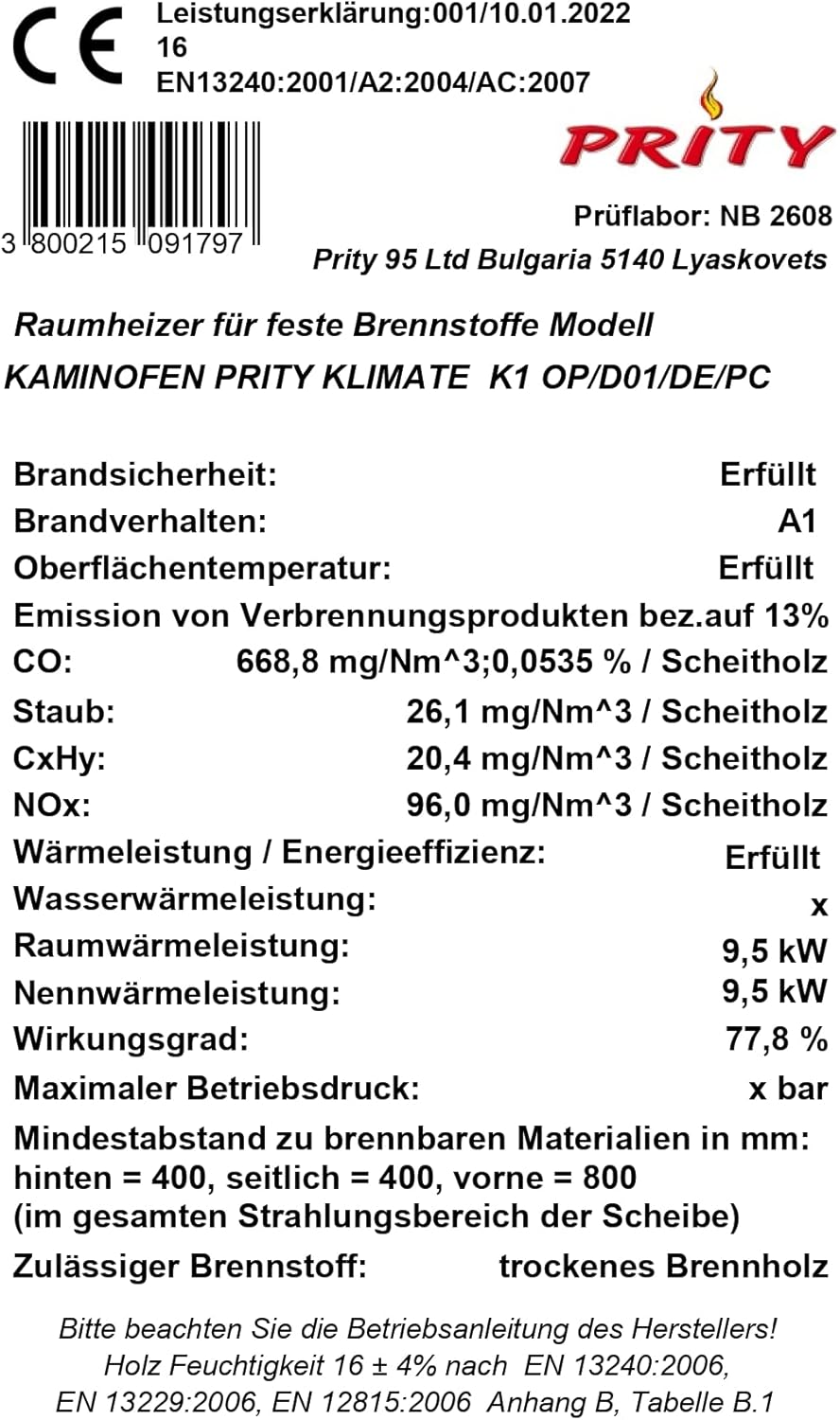 Prity K1 Optima Holzofen, Kaminofen, Mehrstoffbrenner, 8 kW
