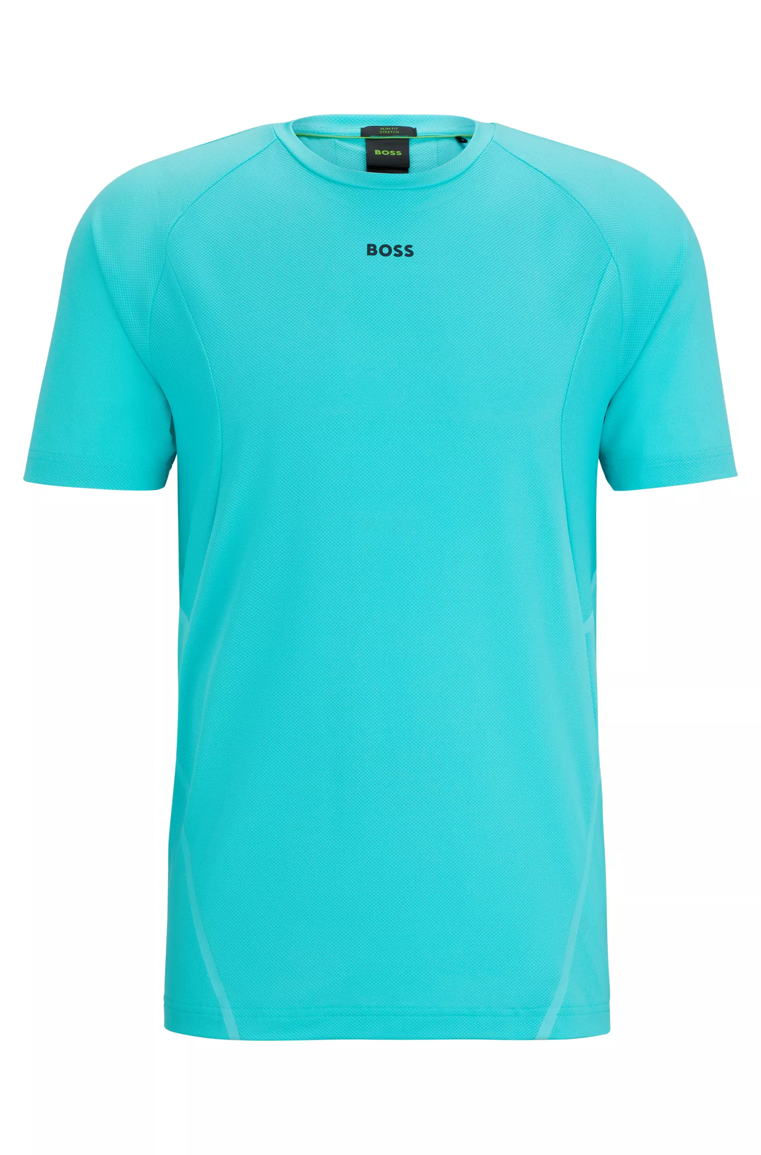 Camiseta BOSS verde, super elástica e de corte slim, com detalhes refletivos decorativos.