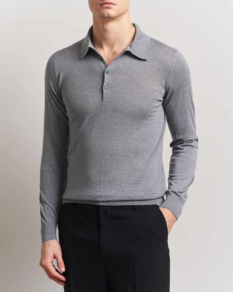 Piacenza Cashmere Merino Wool Long Sleeve Polo Light Grey