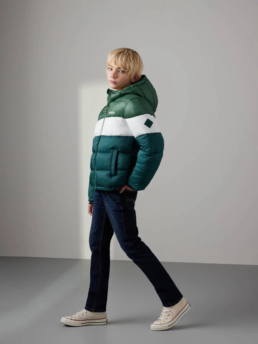 Levi's gewatteerde winterjas COLOR BLOCK donkergroen/wit/groen