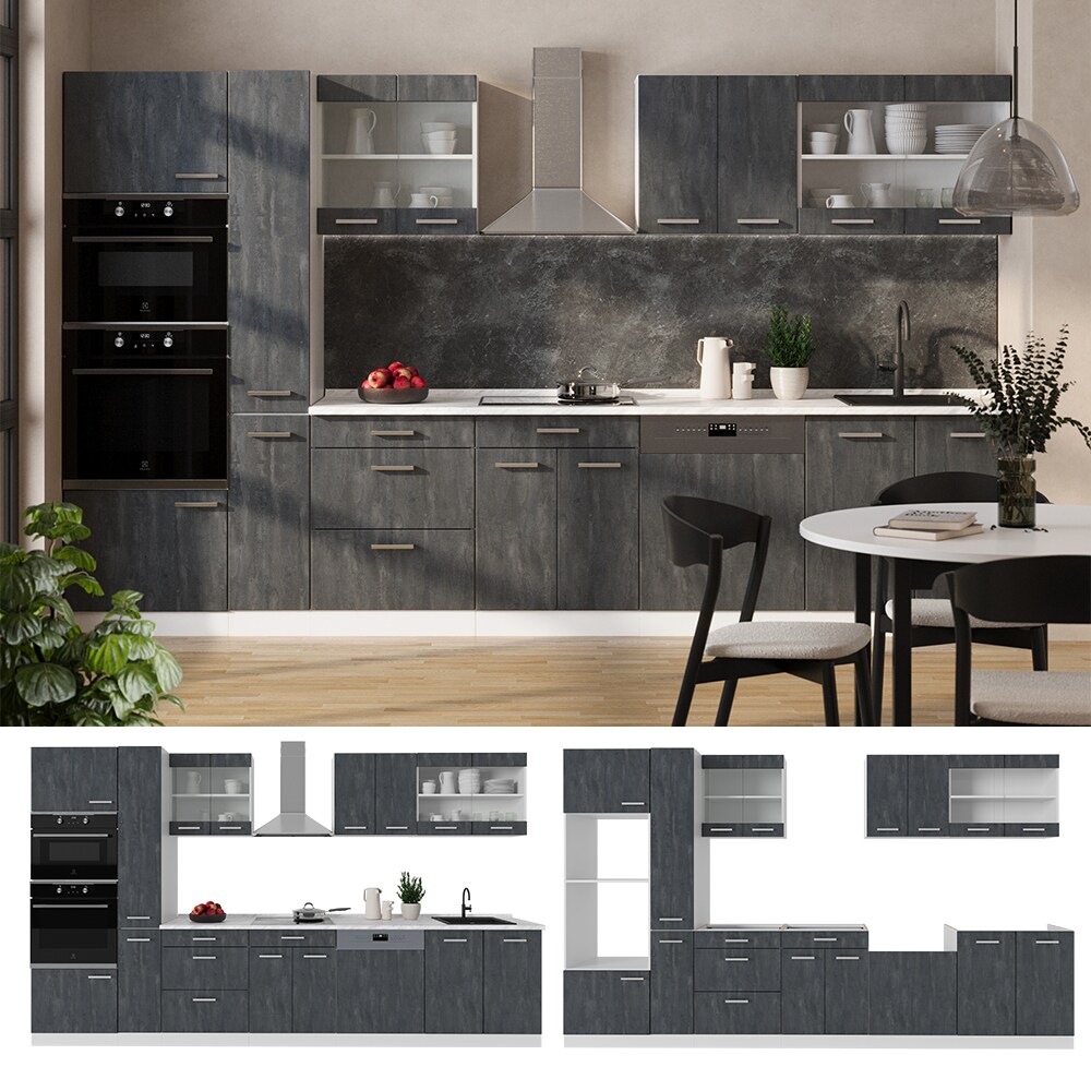 Vicco Küchenzeile R-Line 350 cm Schwarz Beton Weiß ohne Arbeitsplatte