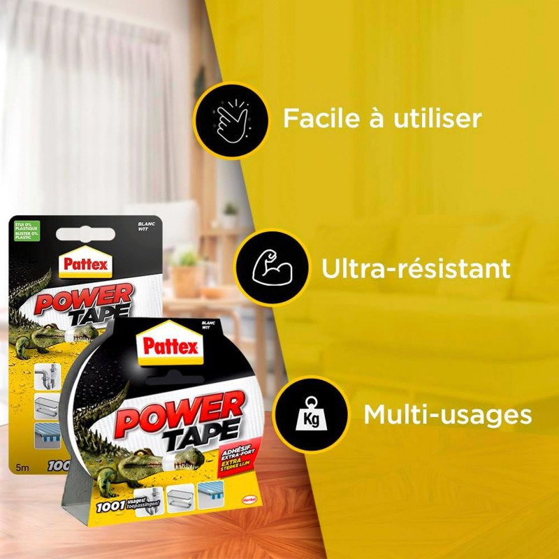 Ruban adhésif de réparation superpuissant Power Tape Pattex - 50 mm x 5 m, blanc