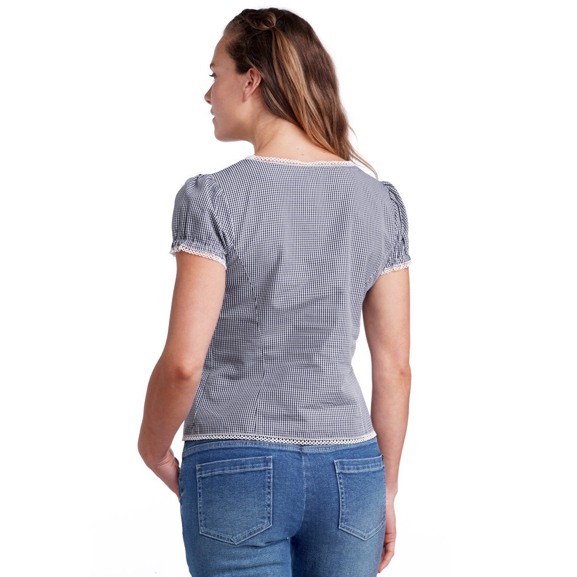 Gina Benotti Damen Trachtenbluse mit Spitzendetails dunkelblau / weiss