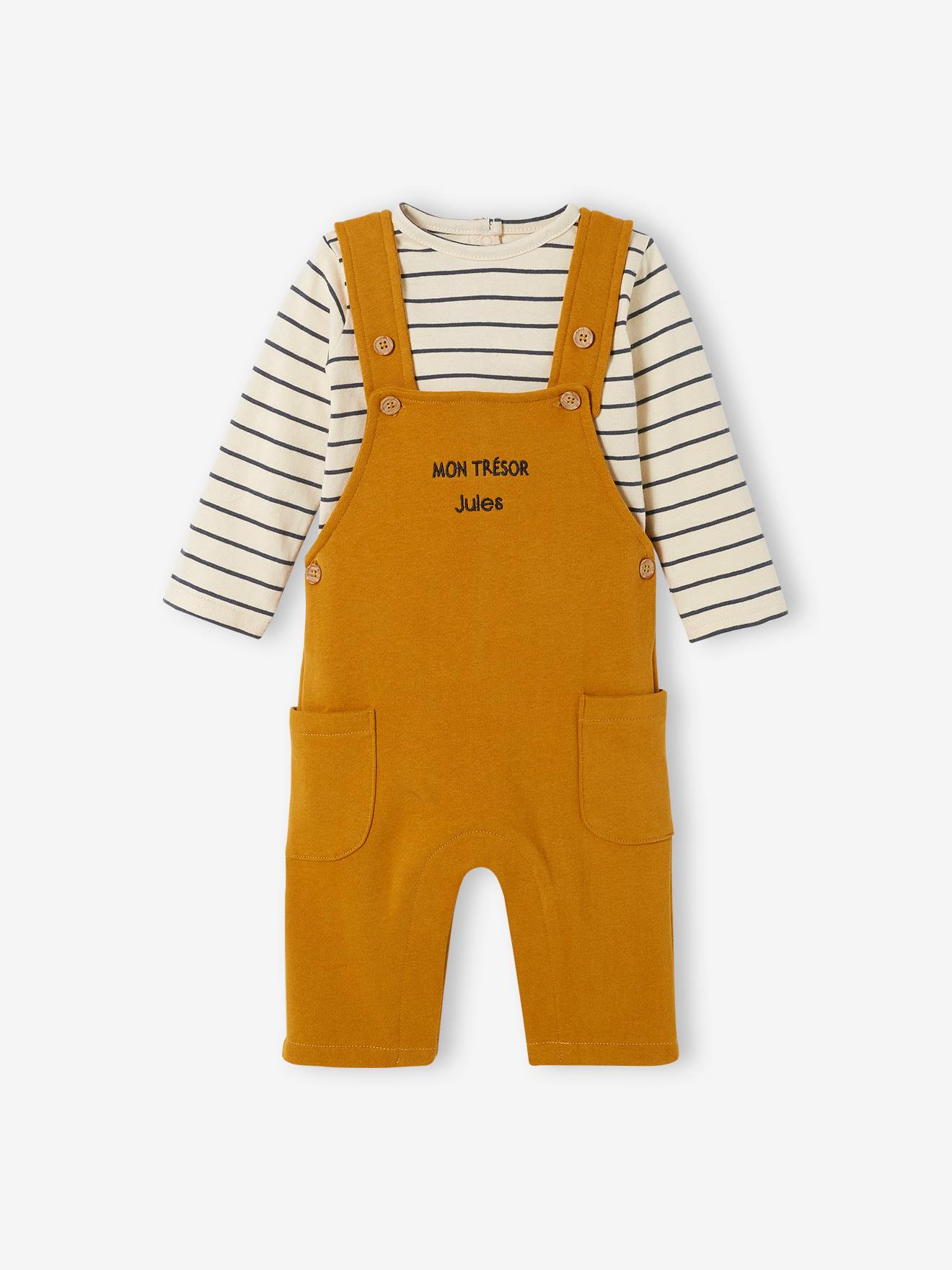 Conjunto de camiseta e jardineira de tecido atoalhado personalizável para bebê, marrom médio liso