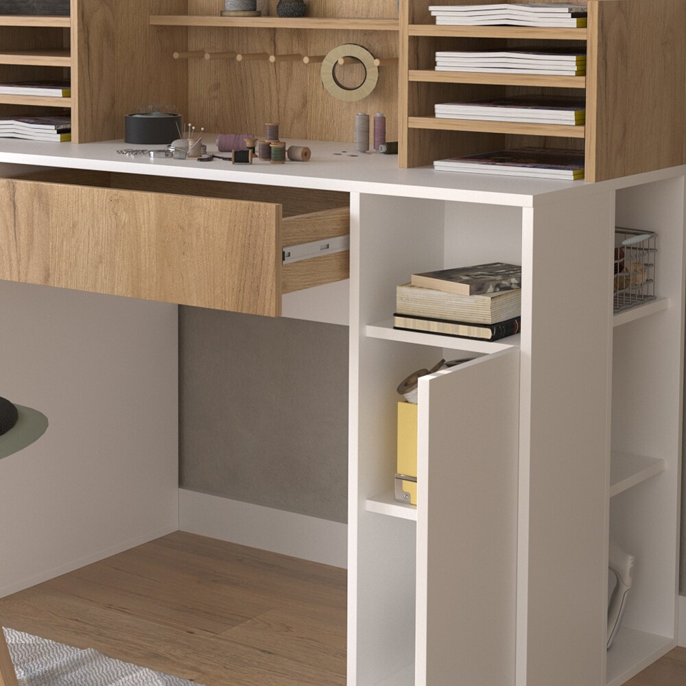 Vicco Schreibtisch Basteltisch XL 126,8 x 100 cm, Weiß Sonoma mit Regale, Schubfach