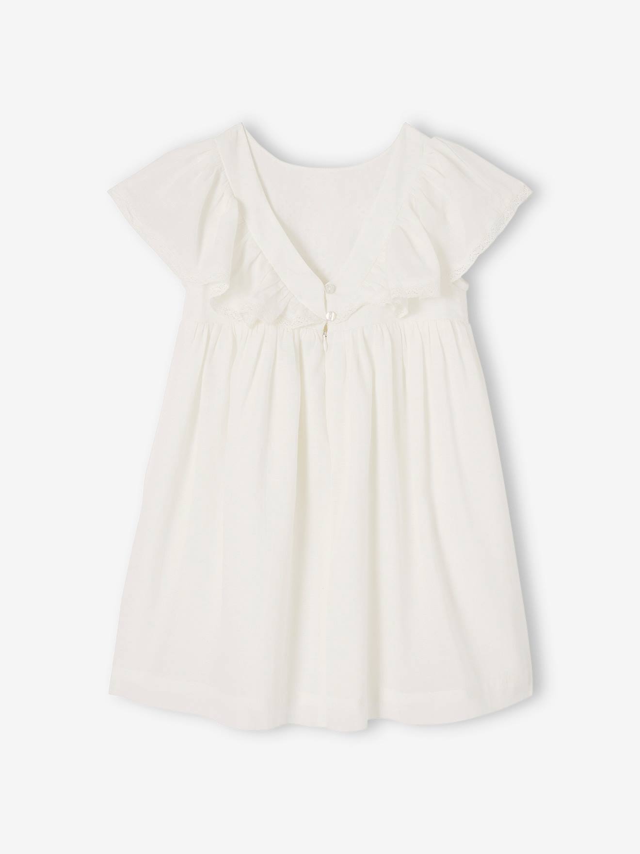 Vestido de festa off-white com detalhes em bordado inglês para menina