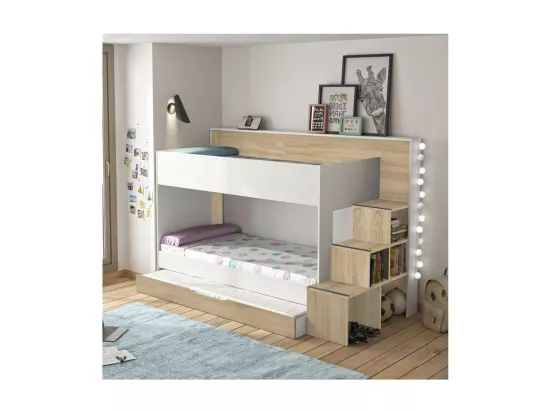 Lit superposé 90*200 Blanc/Gris/Chêne clair + tiroir - LARALO