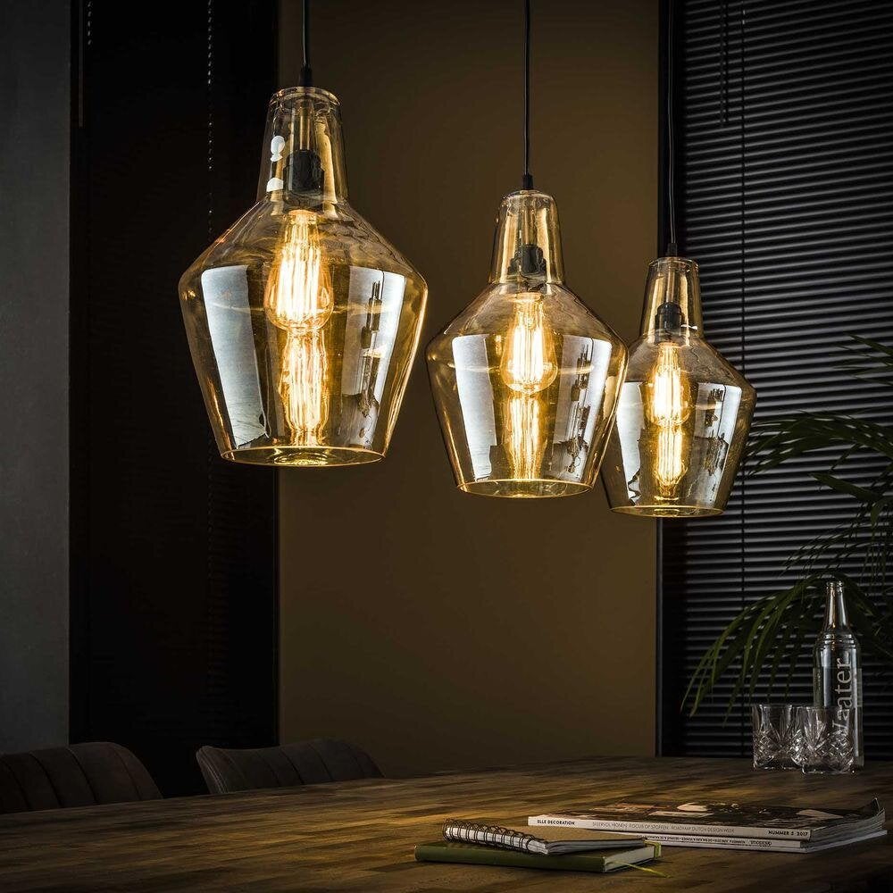 famlights | Jim hanglamp in antiek zilver en amber, E27, 3-lichts